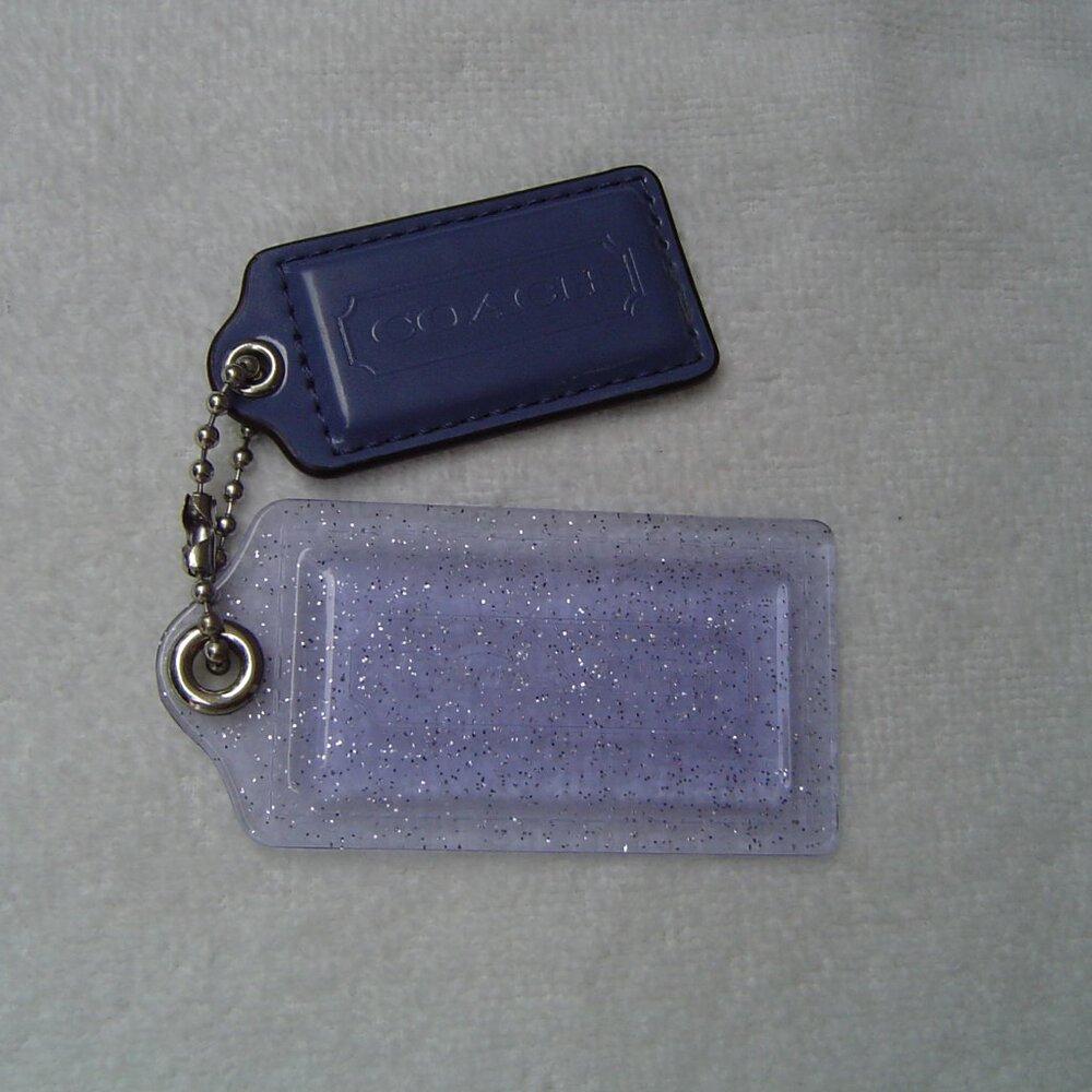 AUTHENTIC COACH PURPLE PATENT AND LARGE PURPLE SPARKLE ACRYLIC HANG TAGS  EUC
